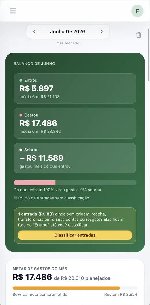 Tela de orçamento do app mycash no celular, mostrando o balanço de junho: quanto entrou, quanto foi gasto e quanto sobrou, com a média dos últimos 6 meses